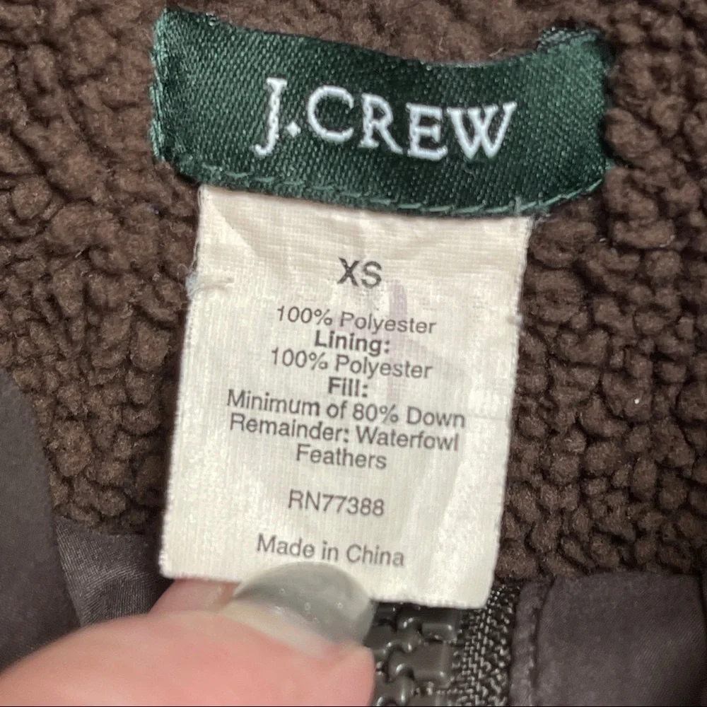 J Crew Sherpa Fleece Lined Down Puffer Vest Chocolate Brown XS Style 17950